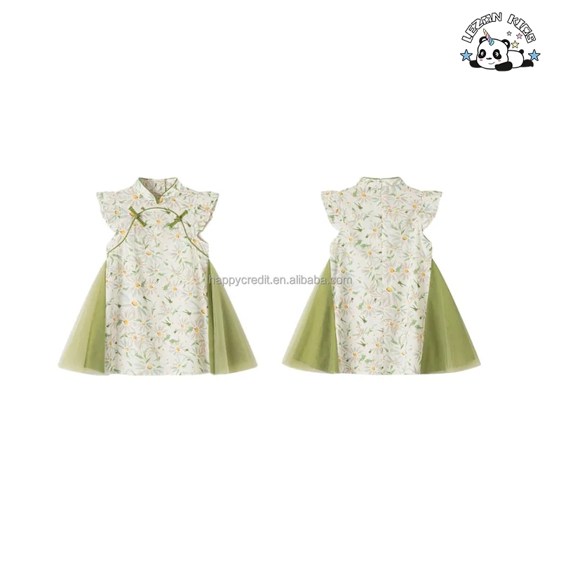LEZONKIDS - 2024 Luxury Kids Chinese Cheongsam Dress Cotton Floral Dress Girl Tulle Dress for Summer